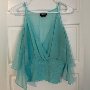 Bebe Aqua Blue Chiffon Cold Shoulder Sheer Blouse Medium Clubwear Streetwear